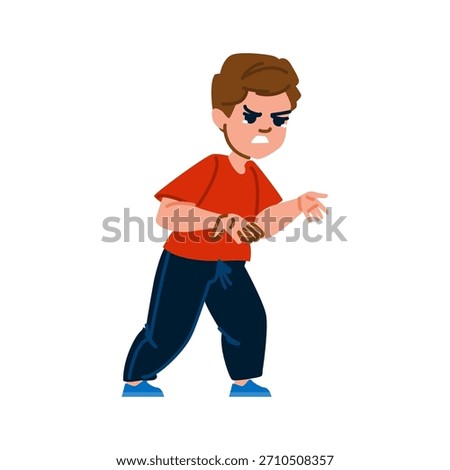 Young boy expressing strong emotions with an angry face and ready stance, symbolizing issues like bullying, frustration, bad temper, and confronting problems