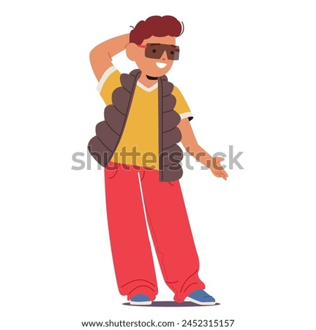 Similar – Image, Stock Photo A young boy exudes confidence with his hands on his hips, wearing a high-tech visor, ready to enjoy a kids party