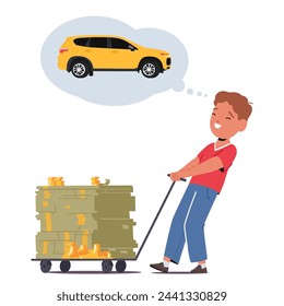 Young Boy, Eyes Gleaming With Dreams, Pulls A Trolley Brimming With Cash, Envisioning The Sleek Car He Yearns To Buy. Little Child Character with Money. Cartoon People Vector Illustration