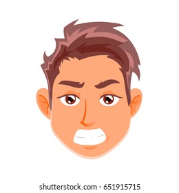 Young boy face, angry facial expression, cartoon vector illustrations isolated on white background