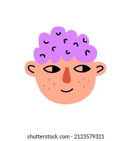 Young boy face character with purple wavy hairs isolated on white background. Fashion funny cartoon head. Colorful people avatar. Vector illustration	