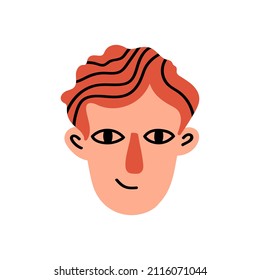 Young boy face character with red wavy hairs isolated on white background. Fashion funny cartoon head. Colorful people avatar. Vector illustration