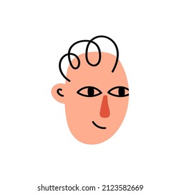 Young boy face character with  wavy hairs isolated on white background. Fashion funny cartoon head. Colorful people avatar. Vector illustration	