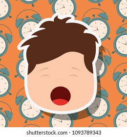 young boy face yawning clocks background