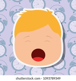 young boy face yawning clocks background