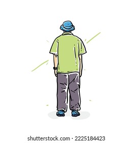 young boy facing back with green shirt and cool hat modern vector illustration