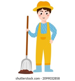 Young boy farmer digging in cartoon style isolated on white background, farm or rural lifestile concept for children