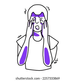 Young boy with fear emotion. Frightened kid with blond hair, horror panic mood, teenager covers his face with hands. Line with purple spots style, juvenile vector drawing.