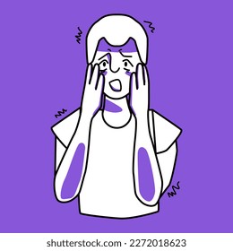 Young boy with fear, purple and white. Frightened kid with blond hair, horror panic mood, teenager covers his face with hands. Line with spots, juvenile vector drawing.