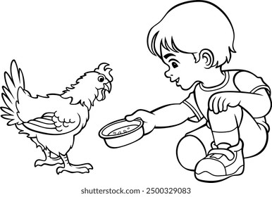 Niño está alimentando pollos en el patio