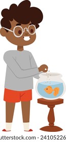 Young boy feeding goldfish in a bowl, smiling African-American child caring for pet. Cheerful kid enjoys fishkeeping vector illustration.