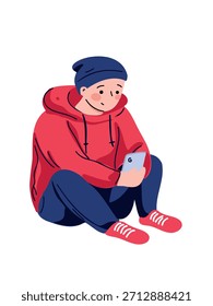 junge junge junge Gefühl unten mit Handy flache Vektorgrafik