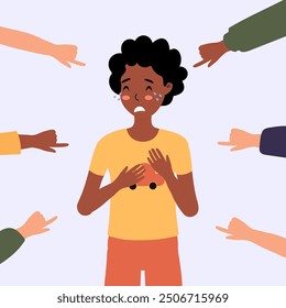 A young boy feeling upset while being surrounded by pointing hands expressing blame and judgment