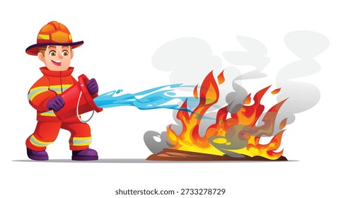 Un joven bombero arrojando un balde de agua para detener la propagación de una llama de fuego. Vector ilustración de dibujos animados