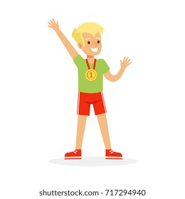 Young boy with a first place medal, kid celebrating his golden medal cartoon vector Illustration