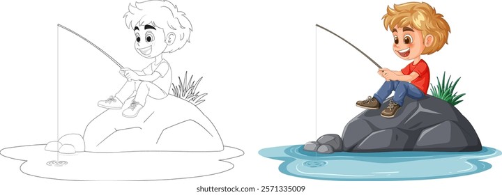 A young boy fishing by a calm pond