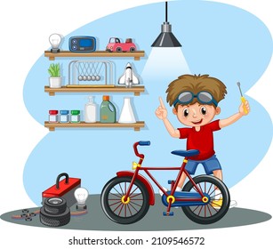 Young boy fixing a bicycle together  illustration