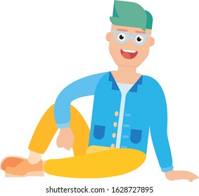 Young boy flat vector illustration. Cheerful student sit relaxed, colorful vector illustration, this illustration can use as a sticker also.