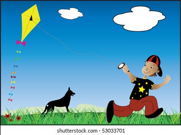 a young boy flying a kite