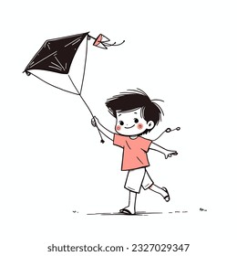 A young boy flying a kite on a breezy afternoon, vector illustration