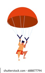 Young boy flying with parachute isolated vector icon. Summer vacation on beach illustration.