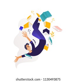 Young boy flying surrounded by books and note pads. Studying and analysis of data theme - man in information surroundings for education concept in cartoon vector illustration.
