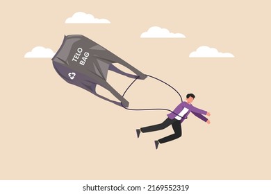 Young Boy Flying Use Environmentally Friendly Plastic. Eco Friendly Concept. Colored Flat Vector Illustration.