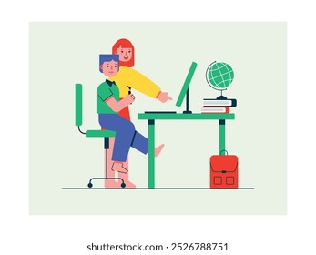 Young boy in front of a desk studying with a teacher, a computer, globe and books. Homeschooling. Character design. Vector flat illustration