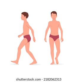 Young boy, full body of a boy, front and side view. Isometric vector illustration of a standing person and a walking person.