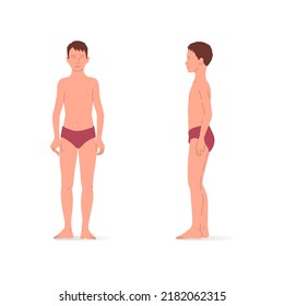 Joven, cuerpo entero de un niño, vista frontal y lateral. Imagen vectorial isométrica de una persona de pie y una persona que camina.