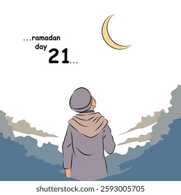 A young boy gazes up at the peaceful night sky, where a glowing Ramadan countdown emerges, with the crescent moon shining above in serenity.