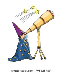 Young Boy Gazing at Falling Stars Through Telescope, in Astrologist Hat, Covered With a Blanket