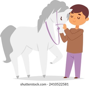 Young boy gently petting white horse, both shown in profile on clear background. Child enjoying time with horse, animal friendship concept vector illustration.