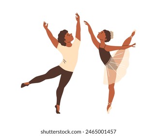 Young boy and girl ballet dancers classical ballet dance performance vector illustration. Cartoon ballerina children standing in posture on toes. Grace kids gymnastics training isolated on white