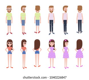 Young boy and girl in casual summer clothes. Boy in shorts and jeans with shirt and girl in shorts with top and polka-dot dress vector illustrations.
