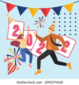 Young boy and girl celebrate happy new year. Happy New Year 2022. Numbers and handwritten letters. Holiday greeting card design. Wallpaper Background. Colorful vector illustration flat.