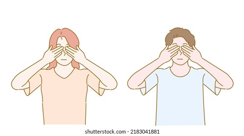 Young boy and girl are covering eyes with two hands. Hand drawn in thin line style, vector illustrations.