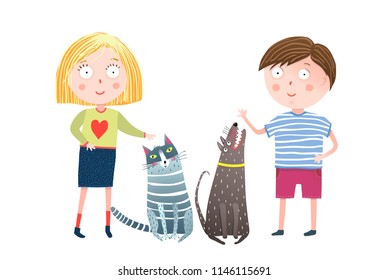 Young Boy and Girl with Dog and Cat. Little kids and home animals cartoon. Vector illustration.