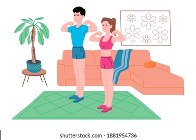 Young boy and girl doing sports physical exercises, home workouts and fitness at home during quarantine and lead healthy lifestyle. Flat vector illustration. Men and women using the house as a gym.