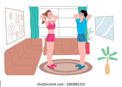 Young boy and girl doing sports physical exercises, home workouts and fitness at home during quarantine and lead healthy lifestyle. Flat vector illustration. Men and women using the house as a gym.