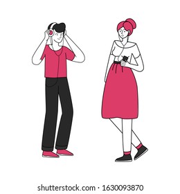 Young boy and girl with earphones vector illustration. Rest, leisure, relaxation. Teenagers with headphones, walking music lovers flat contour characters isolated on white background