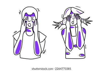 Young boy and girl with emotion of fear, frightened and afraid, cover their face with their hands. Half body sketch style line drawing with purple spots.