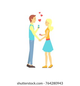 Young boy and girl found their love with dating mobile app. Online date service or website concept for promo. Vector illustration