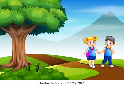 A young boy and girl  going to the school