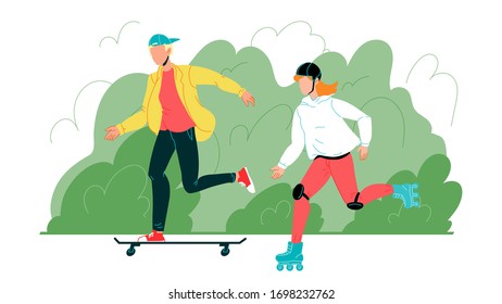 Young Boy And Girl Have Activity Sport Time Vector. Characters Man Riding On Skateboard And Woman On Roller Skates, Green Bushes On Background, Sportive Activity In Park. Flat Cartoon Illustration