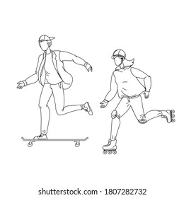 Young Boy And Girl Have Activity Sport Time Black Line Pencil Drawing Vector. Man Riding On Skateboard And Woman On Roller Skates, Green Bushes On Background, Sportive Activity In Park. Illustration