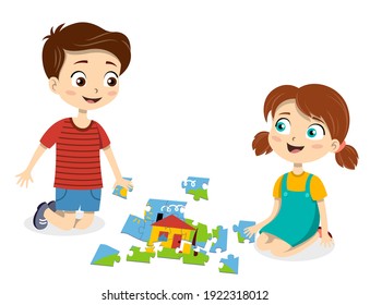 Young boy and girl having fun doing a jigsaw puzzle together laughing and smiling, colored vector illustration with fictional cartoon characters isolated on white background