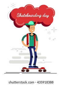 Young boy and girl having fun riding to skateboard. Cool vector hipster kid character riding longboard skateboard. Happy children. Skateboarding day background. Happy Skateboarding day illustration.
