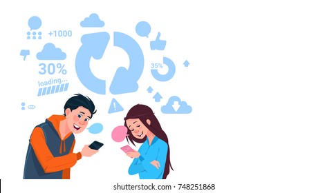 Young Boy And Girl Holding Cell Smart Phones Uploading Files Social Media Communication Lifestyle Concept Vector Illustration