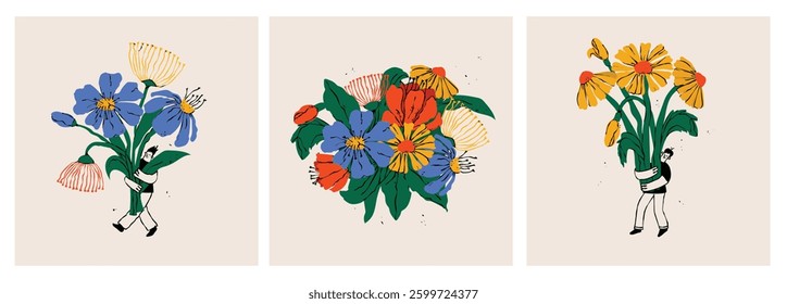 Young boy and girl holding hand drawn color bouquet of blossom flowers. Flat vector illustration for the greeting birthday cards, posters for Mother's, Valentine's, Women's Day.
